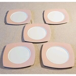 Karaca Fine Bone China Porcelain 5 Dinner Plates Square Pink & White Limited Ed